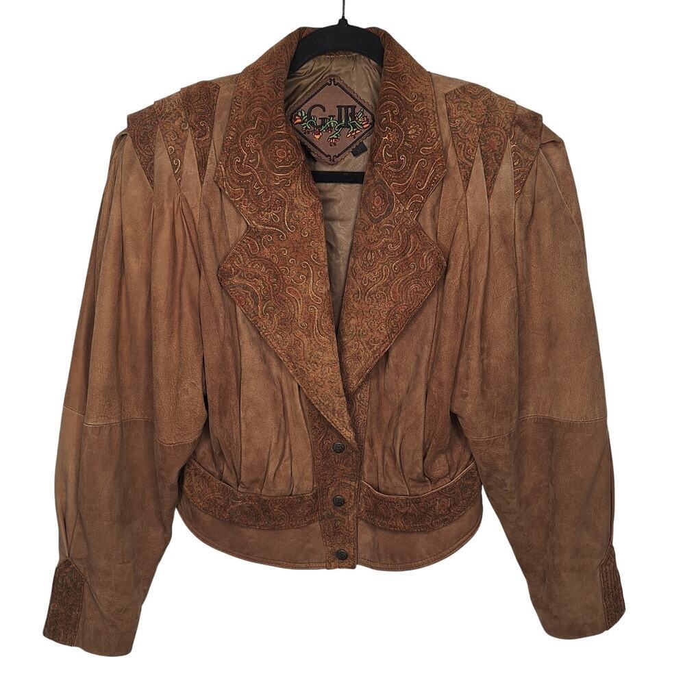 Vintage 80s G-III Paisley Leather Crop Bomber Jacket Western Cowgirl M Paisley